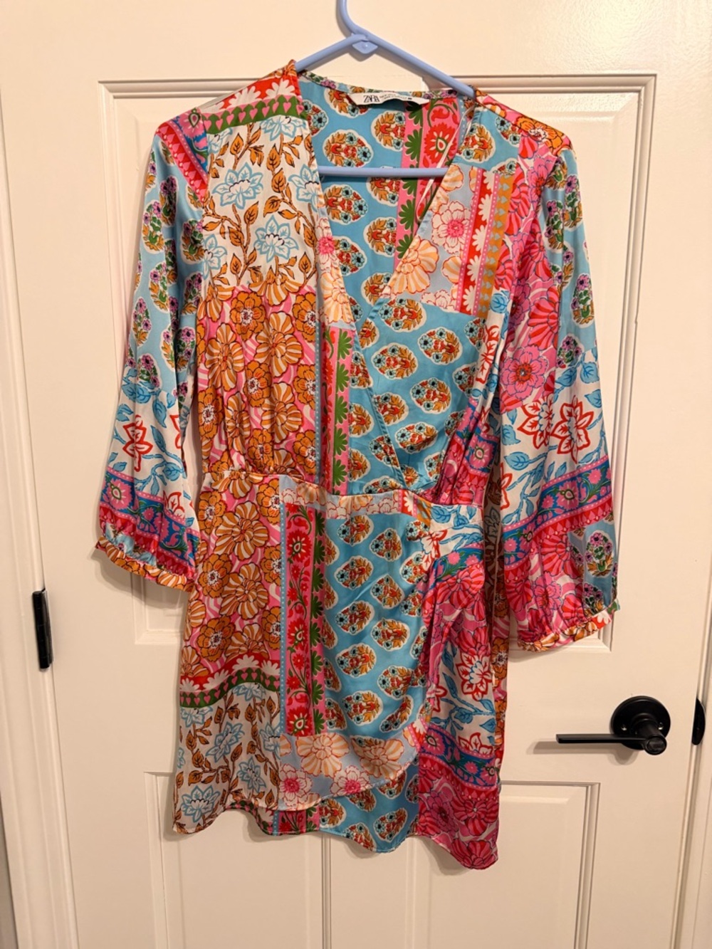 Zara Multi-Color Patchwork Floral V-Neck Dress